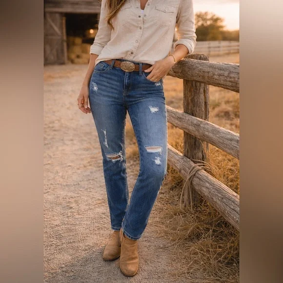 Old Navy Power Slim Straight Jeans – Women’s Size 12 – Mid-Rise Distressed Denim - Picture 2 of 11